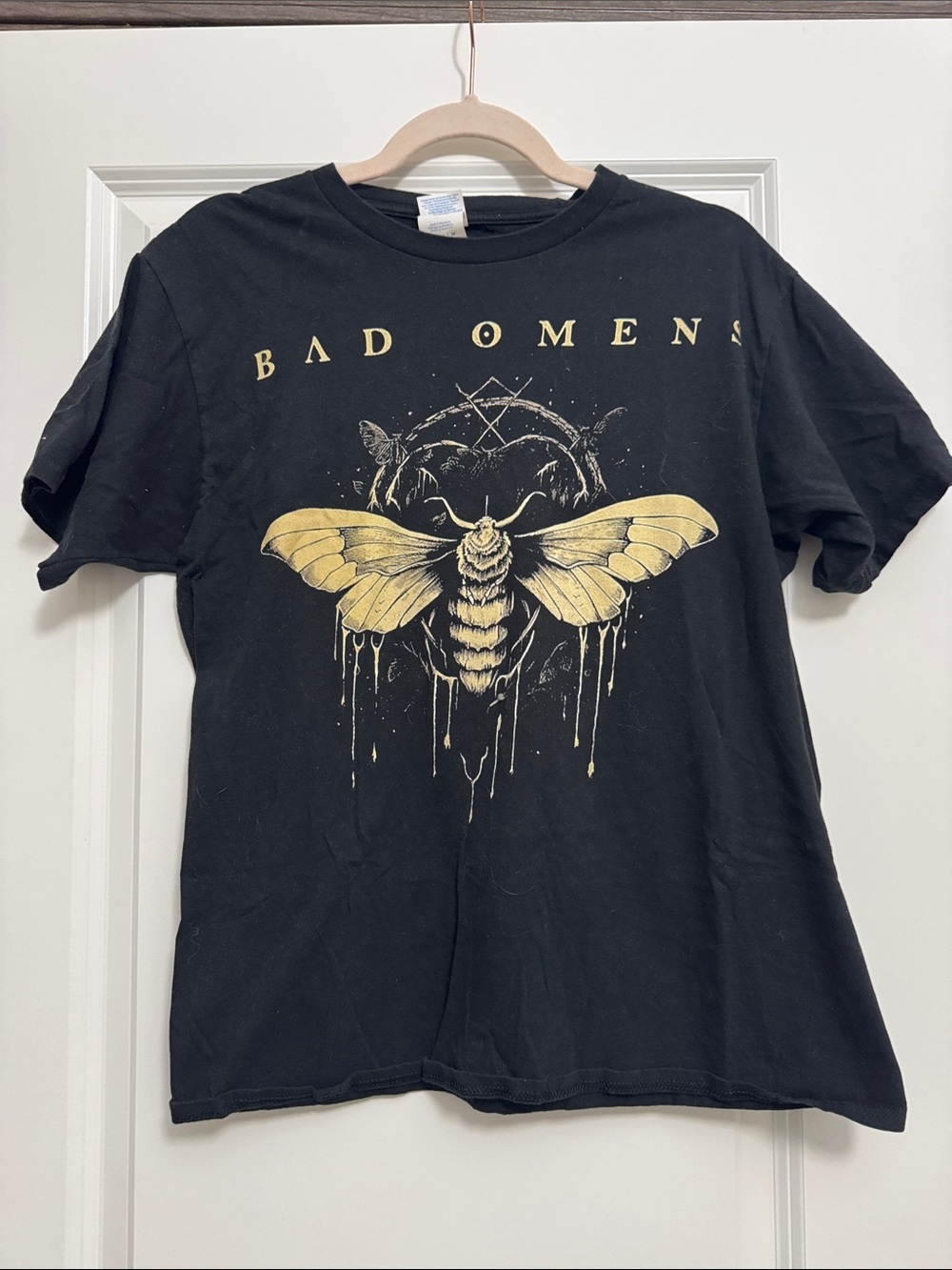 Port and Company Black Tee with Gold Moth Graphic - Bad Omens
